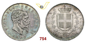 VITTORIO EMANUELE II (1861-1878) 5 Lire 1877 Roma. MIR 1082z Pag. 502 Ag g 24,96 • Bella patina; magnifico rovescio SPL/FDC