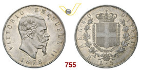 VITTORIO EMANUELE II (1861-1878) 5 Lire 1878 Roma. MIR 1082aa Pag. 503 Ag g 25,02 • Di grande conservazione FDC