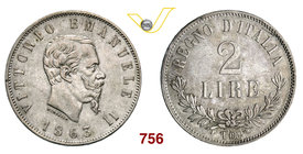 VITTORIO EMANUELE II (1861-1878) 2 Lire “valore” 1863 Torino. MIR 1084b Pag. 509 Ag g 9,99 Rara BB+