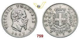 VITTORIO EMANUELE II (1861-1878) Lira 1867 Torino. Pag. 519 MIR 1085h Ag g 4,95 Molto rara BB+