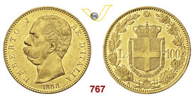 UMBERTO I (1878-1900) 100 Lire 1888 Roma. Pag. 570 MIR 1096d Au g 32,28 Molto rara • Lievissimo colpetto q.SPL