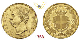 UMBERTO I (1878-1900) 100 Lire 1891 Roma. Pag. 571 MIR 1096e Au g 32,24 Rarissima • Solo 209 es. coniati BB/SPL