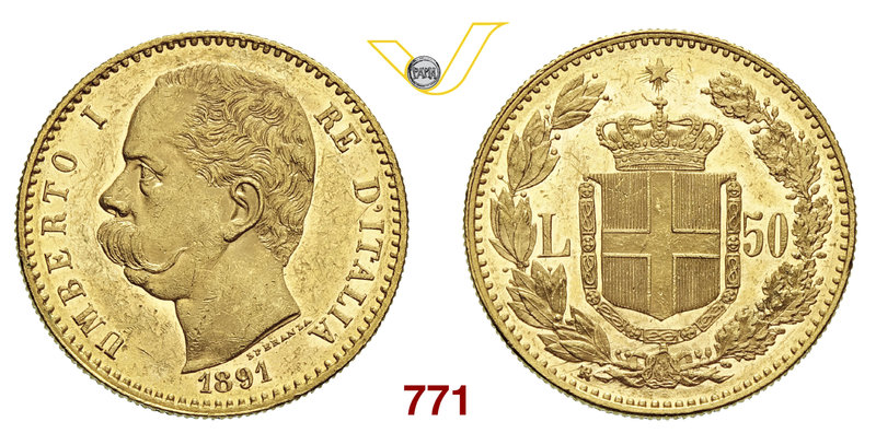 UMBERTO I (1878-1900) 50 Lire 1891 Roma. Pag. 574 MIR 1097c Au g 16,10 Rarissima...