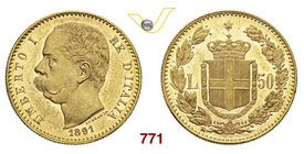 UMBERTO I (1878-1900) 50 Lire 1891 Roma. Pag. 574 MIR 1097c Au g 16,10 Rarissima SPL