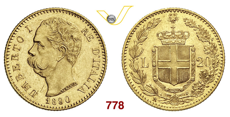 UMBERTO I (1878-1900) 20 Lire 1890 Roma. Pag. 585 MIR 1098o Au g 6,44 SPL÷FDC