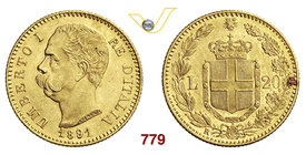 UMBERTO I (1878-1900) 20 Lire 1891 Roma. Pag. 586 MIR 1098p Au g 6,44 q.FDC