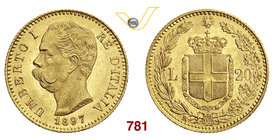 UMBERTO I (1878-1900) 20 Lire 1897 Roma. Pag. 588 MIR 1098s Au g 6,44 Rara q.FDC