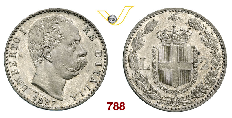 UMBERTO I (1878-1900) 2 Lire 1897 Roma. Pag. 598 Ag g 9,99 SPL/FDC