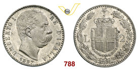 UMBERTO I (1878-1900) 2 Lire 1897 Roma. Pag. 598 Ag g 9,99 SPL/FDC