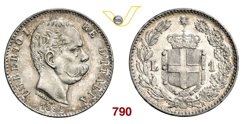 UMBERTO I (1878-1900) Lira 1892 Roma, cifre 1 e 2 ribattute. Pag. 605 MIR 1103e ...