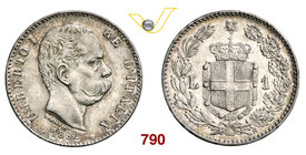UMBERTO I (1878-1900) Lira 1892 Roma, cifre 1 e 2 ribattute. Pag. 605 MIR 1103e Ag g 5,00 Molto rara SPL÷FDC