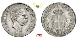 UMBERTO I (1878-1900) 50 Centesimi 1889 Roma. Pag. 608 MIR 1104a Ag g 2,48 Rara q.SPL