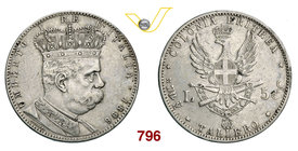 UMBERTO I - monetazione per l’Eritrea (1878-1900) 5 Lire o Tallero 1896 Roma. Pag. 631 MIR 1110b Ag g 27,90 Rara • Colpetti BB
