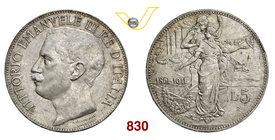 VITTORIO EMANUELE III (1900-1946) 5 Lire 1911 Roma “Cinquantenario”. Pag. 707 MIR 1135a Ag g 25,00 • Colpetto SPL÷FDC