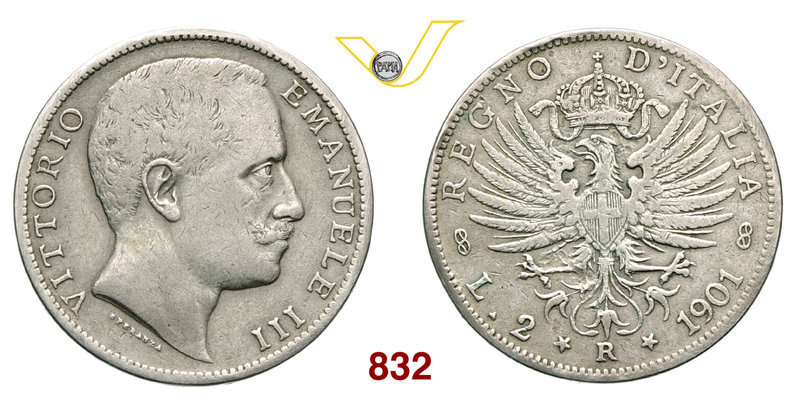 VITTORIO EMANUELE III (1900-1946) 2 Lire 1901 Roma. Pag. 725 MIR 1139a Ag g 9,79...