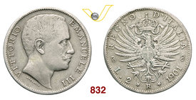 VITTORIO EMANUELE III (1900-1946) 2 Lire 1901 Roma. Pag. 725 MIR 1139a Ag g 9,79 Molto rara • Bordo ripreso MB
