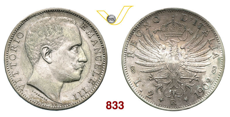 VITTORIO EMANUELE III (1900-1946) 2 Lire 1902 Roma. Pag. 726 MIR 1139b Ag g 9,94...