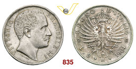 VITTORIO EMANUELE III (1900-1946) 2 Lire 1904 Roma. Pag. 728 MIR 1139d Ag g 9,96 Molto rara • Colpetti e bordo ripreso BB+