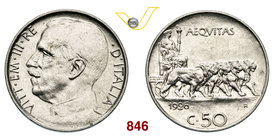 VITTORIO EMANUELE III (1900-1946) 50 Centesimi 1926 Roma “quadriga di leoni”, taglio liscio. Pag. 808 MIR 1150k Ni g 6,09 Rara q.FDC