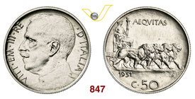 VITTORIO EMANUELE III (1900-1946) 50 Centesimi 1931 Roma “quadriga di leoni”, taglio rigato. Pag. 813 MIR 1150s Ni g 6,02 Rarissima q.FDC