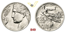 VITTORIO EMANUELE III (1900-1946) 20 Centesimi 1926 Roma “donna librata” Pag. 840 MIR 1153l Ni g 3,98 Rara q.FDC