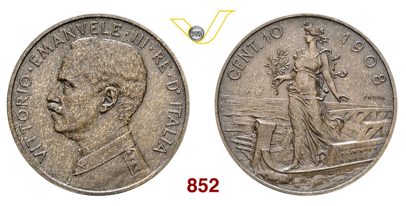 VITTORIO EMANUELE III (1900-1946) 10 Centesimi 1908 Roma "Prova". P.P. 323 Mont....