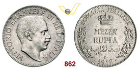 VITTORIO EMANUELE III - monetazione per la Somalia (1900-1946) Mezza Rupia 1912 Roma. Pag. 967 MIR 1176b Ag g 5,84 SPL