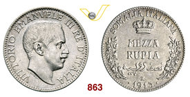 VITTORIO EMANUELE III - monetazione per la Somalia (1900-1946) Mezza Rupia 1913 Roma. Pag. 968 MIR 1176c Ag g 5,80 q.SPL