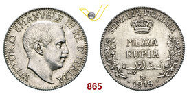 VITTORIO EMANUELE III - monetazione per la Somalia (1900-1946) Mezza Rupia 1919 Roma. Pag. 970 MIR 1176e Ag g 5,85 SPL÷FDC
