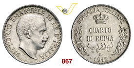 VITTORIO EMANUELE III - monetazione per la Somalia (1900-1946) Quarto di Rupia 1913 Roma. Pag. 972 MIR 1177b Ag g 2,93 Molto rara • Hairlines, altrime...