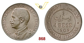 VITTORIO EMANUELE III - monetazione per la Somalia (1900-1946) 4 Bese 1909 Roma. Pag. 973 MIR 1178a Cu g 10,00 q.FDC