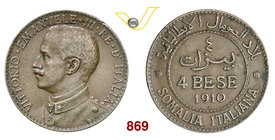 VITTORIO EMANUELE III - monetazione per la Somalia (1900-1946) 4 Bese 1910 Roma. Pag. 974 MIR 1178b Cu g 9,93 BB+