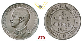 VITTORIO EMANUELE III - monetazione per la Somalia (1900-1946) 4 Bese 1913 Roma. Pag. 975 MIR 1178c Cu g 9,95 Rara SPL