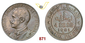 VITTORIO EMANUELE III - monetazione per la Somalia (1900-1946) 4 Bese 1921 Roma. Pag. 976 MIR 1178d Cu g 9,90 BB+