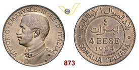 VITTORIO EMANUELE III - monetazione per la Somalia (1900-1946) 4 Bese 1924 Roma. Pag. 978 MIR 1178f Cu g 10,07 q.FDC