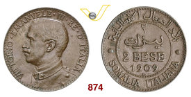 VITTORIO EMANUELE III - monetazione per la Somalia (1900-1946) 2 Bese 1909 Roma. Pag. 979 MIR 1179a Cu g 4,90 q.SPL