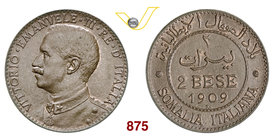 VITTORIO EMANUELE III - monetazione per la Somalia (1900-1946) 2 Bese 1909 Roma. Pag. 979 MIR 1179a Cu g 5,00 q.FDC