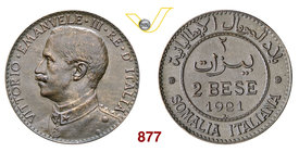 VITTORIO EMANUELE III - monetazione per la Somalia (1900-1946) 2 Bese 1921 Roma. Pag. 982 MIR 1179d Cu g 4,99 SPL