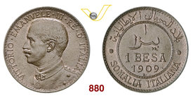 VITTORIO EMANUELE III - monetazione per la Somalia (1900-1946) Besa 1909 Roma. Pag. 985 MIR 1180a Cu g 2,61 SPL÷FDC