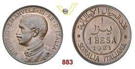 VITTORIO EMANUELE III - monetazione per la Somalia (1900-1946) Besa 1921 Roma. Pag. 988 MIR 1180d Cu g 2,39 Non comune SPL/FDC