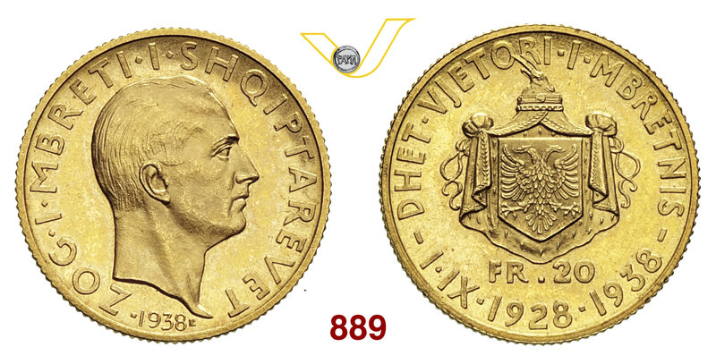 ALBANIA ZOG I (1925-1939) 20 Franga 1938 "10° anniversario dell'incoronazione" V...