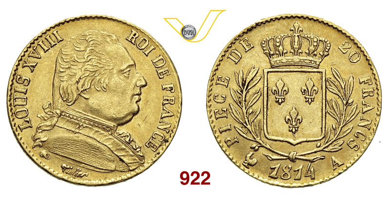 FRANCIA LUIGI XVIII (1814-1824) 20 Franchi 1814 A, Parigi. Varesi 327 Au g 6,37 ...
