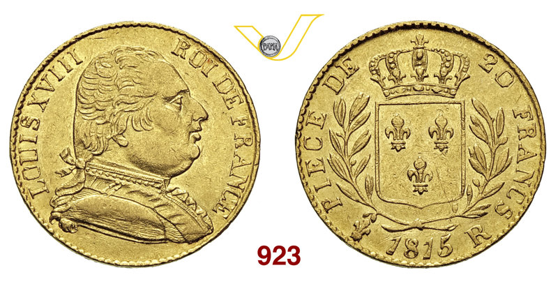 FRANCIA LUIGI XVIII (1814-1824) 20 Franchi 1815 R, Londra. Varesi 339 Au g 6,41 ...