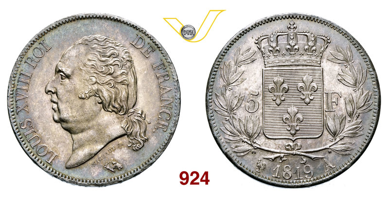 FRANCIA LUIGI XVIII (1814-1824) 5 Franchi 1819 A, Parigi. Le Franc 309/39 Ag g 2...