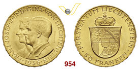 LIECHTENSTEIN FRANCESCO GIUSEPPE II (1938-1989) 50 e 25 Franchi 1956. Fb. 20 e 21 Au (2 es.) FDC