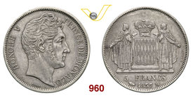 MONACO ONORATO V GRIMALDI (1819-1841) 5 Franchi 1837. Kr. 96 Gad. 107 Ag g 24,90 Molto rara BB+