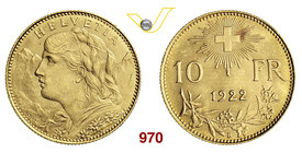 SVIZZERA 10 Franchi 1922. Au g 3,23 q.FDC