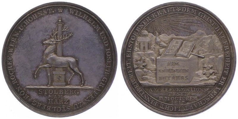 Deutschland
 Ag - Medaille 1817 auf die Feier zu Stolberg im Harz. Hirsch vor S...