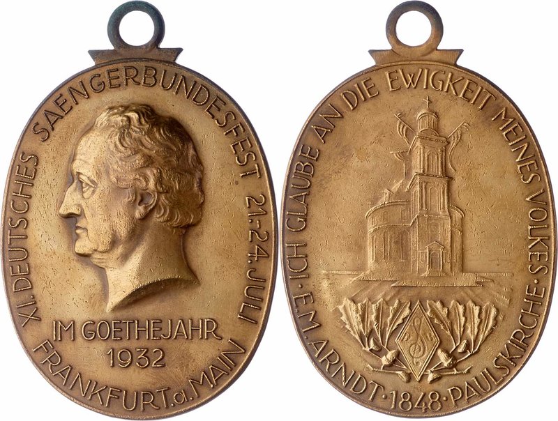 Deutschland
 Ovale Bronzemedaille 1932 vergoldet, an Öse, Frankfurt - XI. Deuts...