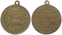 Schweiz Yverdon
 Schützenmedaille - Br. 1899 ohne Signatur mit Original Öse, Dm 33,5mm. 10,92g. Richter 1605 vz